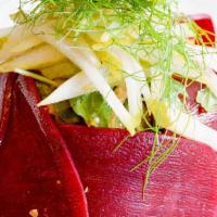 Roasted Beet Salad · Goat Cheese, Pistachios, Pear, Fennel & Arugula