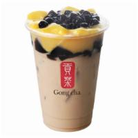 Earl Grey Milk Tea W/ 3 Js (格雷三兄弟) · Made with dairy-free milk. Includes pearls, pudding, and herbal jelly.