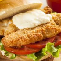 Crispy Fish Sandwich · Flaky fish fillet, battered and fried to crispy perfection. Served with lettuce, tartar sauc...