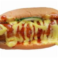 Hot Cheese Dog · Juicy, snappy, beefy hot dog smothered in hot nacho cheese on a soft roll. Add on a sauce an...
