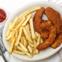 Chicken Fingers With Fries · Served with choice of fries or potato salad and our homemade coleslaw and pickles.