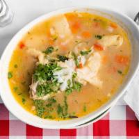 Caldo De Pollo · Spicy chicken soup.