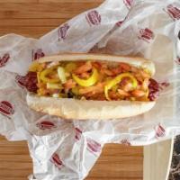 Chicago Style Dog · Yellow mustard, relish, chopped onions, tomatoes, banana peppers, dill pickles, and a shake ...