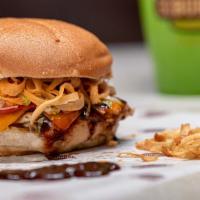Bbq Chicken Burger · Boneless chicken breast, bullseye BBQ sauce, cheddar, crispy onion straws, lettuce, tomato, ...