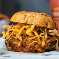 Spicy Chili Burger (7 Oz.) · Angus Beef and spicy chili with cheddar cheese, onion straws, and chipotle mayo on a fresh b...