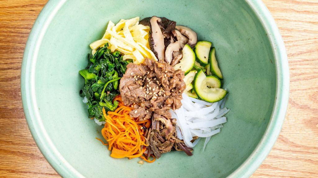 Bibimbap Vegetable · Vegetarian. Traditional Korean rice dish topped with spinach, carrot, shiitake mushroom, bracken, zucchini, mung bean jelly, egg, servved with chili pepper paste on the side