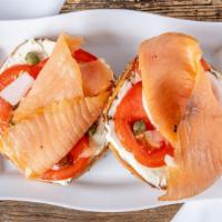 Lox & Bagel · NYC Style Lox & Bagel:
Cream Cheese, Lox, Tomato, Onion and Capers!