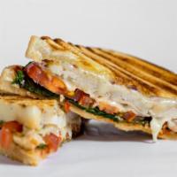 The Chicken Fajita Panini · Grilled chicken, cheddar cheese, roasted peppers, caramelized onions, and salsa. Served with...