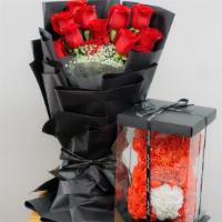 Dozen Roses & Small Rose Bear · Perfect combination of beautiful red roses and an adorable rose teddy bear. Take advantage o...