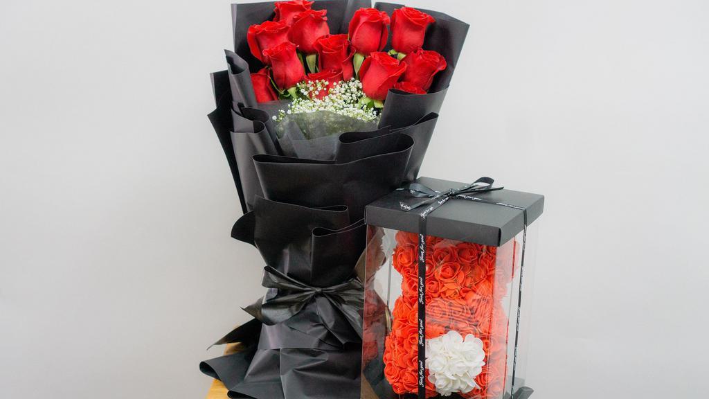 Dozen Roses & Small Rose Bear · Perfect combination of beautiful red roses and an adorable rose teddy bear. Take advantage of this sure to impress bundle at a discounted price while it lasts!