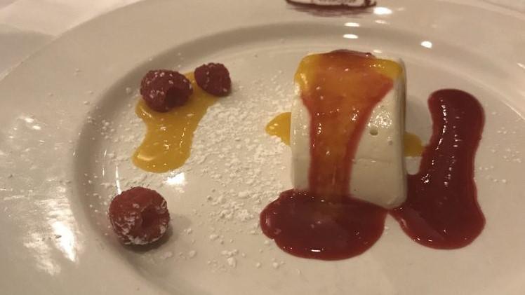 Panna Cotta · egg-less vanilla flan served with raspberry coulis
