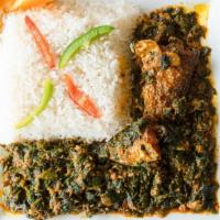 Spinach & Egusi Stew  Served With White Rice (5 Loaves Entrée - 1) · Stews are cooked with onions, tomatoes, herbs, and spices with your choice of beef, croaker ...