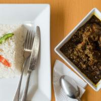 Cassava Leaf Stew With White Rice(5 Loaves Entrée - 1) · Stews are cooked with palm oil onions, tomatoes, herbs, and spices with your choice of beef,...