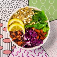 Sweet Potato Quinoa Bowl · Seasoned quinoa with your choice of protein, mixed greens, spinach, sweet potatoes, almonds,...