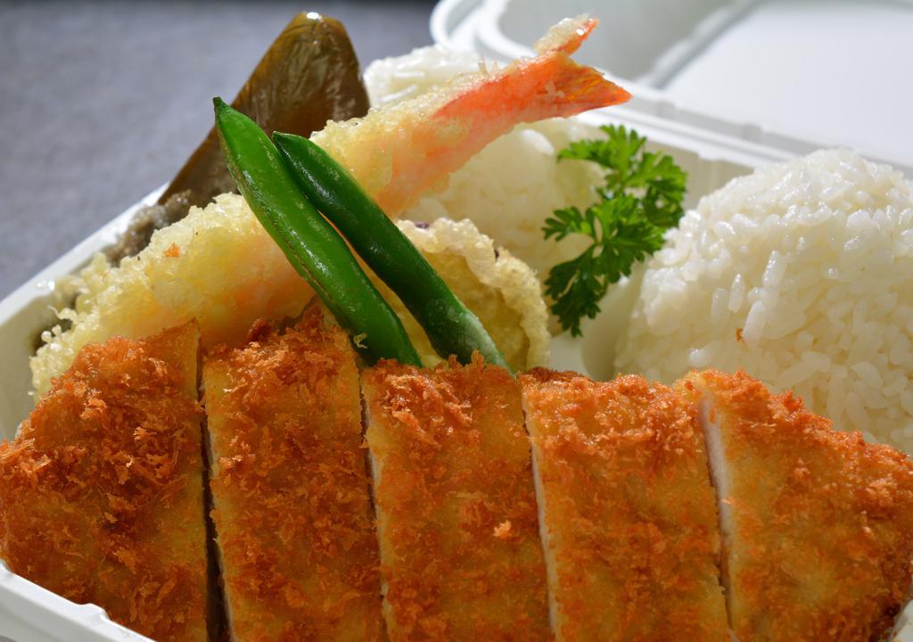 Tonkatsu & Tenpura Pack · Tonkatsu and assorted tenpura served with rice and salad.
