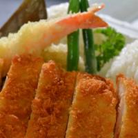 Chicken Katsu & Tenpura Pack · Chicken katsu and assorted tenpura served with rice and salad.