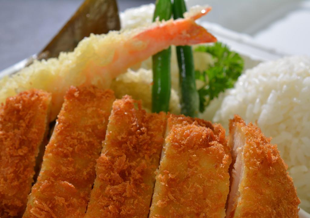 Chicken Katsu & Tenpura Pack · Chicken katsu and assorted tenpura served with rice and salad.
