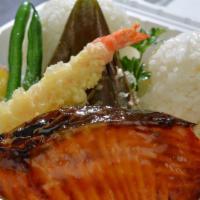 Teriyaki Salmon & Tenpura Pack · Teriyaki salmon and assorted tenpura served with rice and salad.
