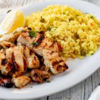 Chicken Souvlaki Platter · served with your choice of fries, rice, lemon potatoes or grilled vegetables AND choice of e...