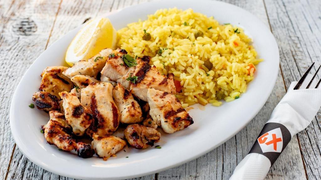 Chicken Souvlaki Platter · served with your choice of fries, rice, lemon potatoes or grilled vegetables AND choice of either Soup or Greek, Caesar, or Garden Salad.
