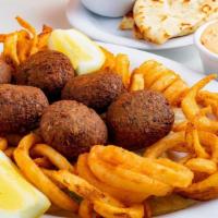 Falafel Platter · served with your choice of fries, rice, lemon potatoes or grilled vegetables AND choice of e...