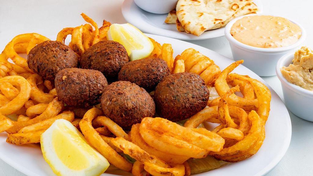 Falafel Platter · served with your choice of fries, rice, lemon potatoes or grilled vegetables AND choice of either Soup or Greek, Caesar, or Garden Salad.