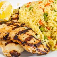 Grilled Chicken Platter · served with your choice of fries, rice, lemon potatoes or grilled vegetables AND choice of e...