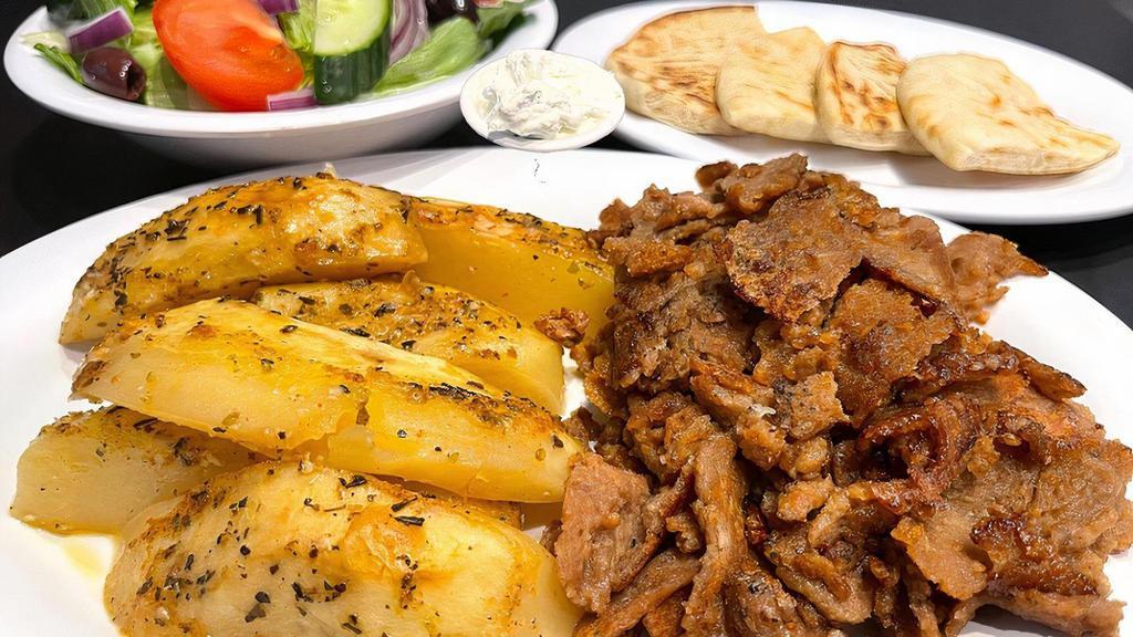 Meatless (Plant Based) Gyro Platter · served with your choice of fries, rice, lemon potatoes or grilled vegetables AND choice of either Soup or Greek, Caesar, or Garden Salad.