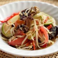 Tum Poo Plara · Original isan papaya salad in fermeneted fish and field crabs.