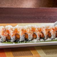 Snow Mountain Roll · in: spicy yellowiail crunch.
Oul: spicy crab crunch on top