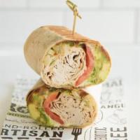 Roasted Turkey Avocado Club Wrap · Romaine, Avocado, Tomato, Bacon, Onion Jam & Garlic Mayo
