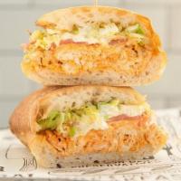 Buffalo Roasted Chicken · Roasted Chicken, Shredded Romaine, Tomato & Gorgonzola on Toasted Ciabatta