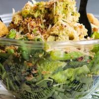 Seasonal! Pesto Roasted Chicken Salad · Arugula, Romaine, Asparagus, Cauliflower, Parmesan, Crispy Breadcrumbs & Pesto Vinaigrette