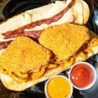 Heart Attack Sandwich · Chicken cutlet, melted mozzarella cheese, bacon, and spicy waffle fries with special dressin...