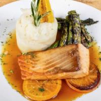 Orange Glazed Salmon · Served with Mashed Potatoes & Sauteed Spinach