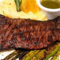 Steak Neaz · Seared Skirt Steak, Mashed potatoes & Grilled Asparagus. Served with Chimichurri sauce