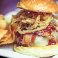 The Cowboy Burger · Pepper Jack cheese, Applewood Bacon, Frizzled Onion & BBQ Sauce