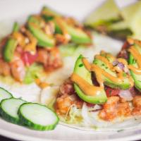 Shrimp Tacos · Flour tortilla topped with shrimp, fresh pineapple, pico de gallo, avocado & chipotle mayo. ...