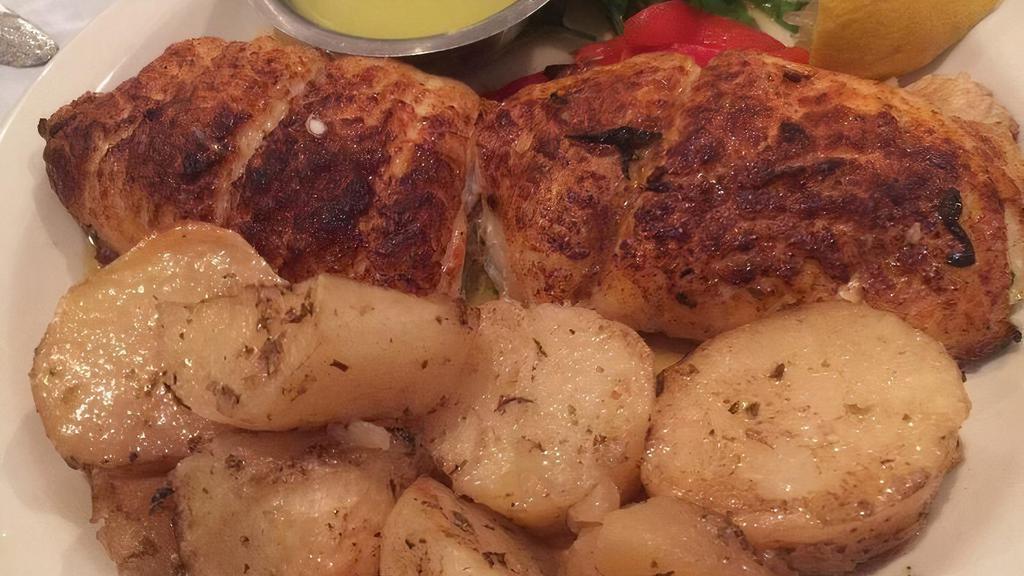 Fillet Of Sole · Freshly charbroiled with lemon juice, olive oil and Greek herbs. Served with roasted lemon potatoes and a vegetable or horta.