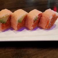 Orange Roll · Crispy spicy tuna, avocado with pink soybean wrap.