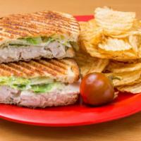 Chicken Caesar Sandwich · French baguette or Parmesan wrap with grilled chicken, romaine, roasted red peppers, Asiago ...