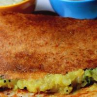 Mysore Masala Dosa (Gf, Vegan) · Hot Mysore spices added to the crispy rice and lentil crepe. Served plain or with mildly spi...