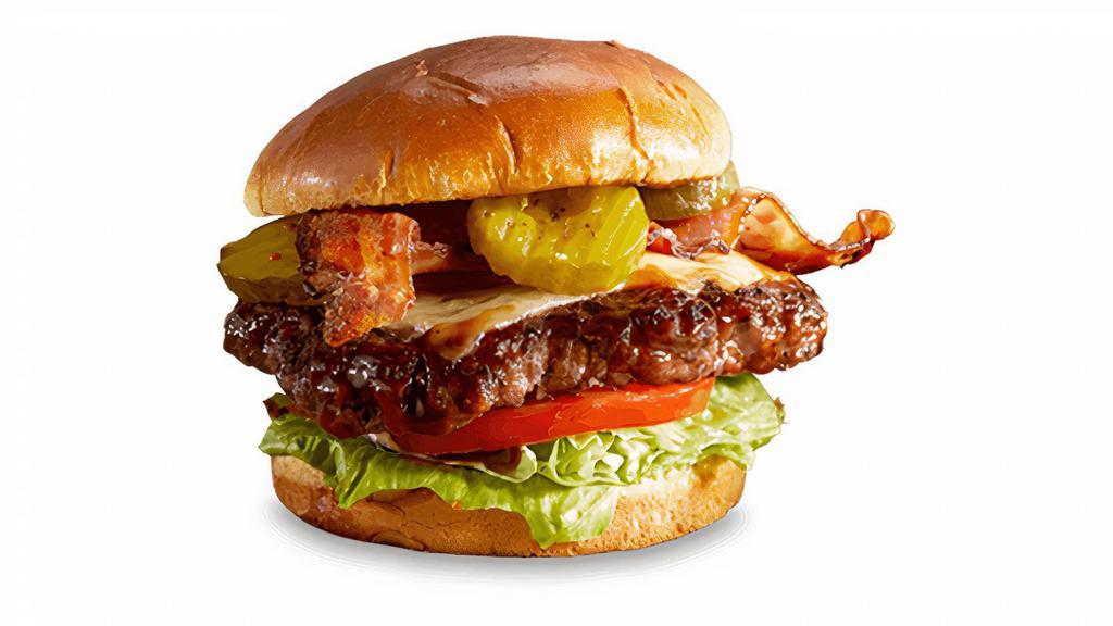 Dave'S Favorite Burger · Slathered with Rich & Sassy® then topped with melted Monterey Jack cheese and two strips of bacon. Served with choice of one side and spicy Hell-Fire Pickles.
