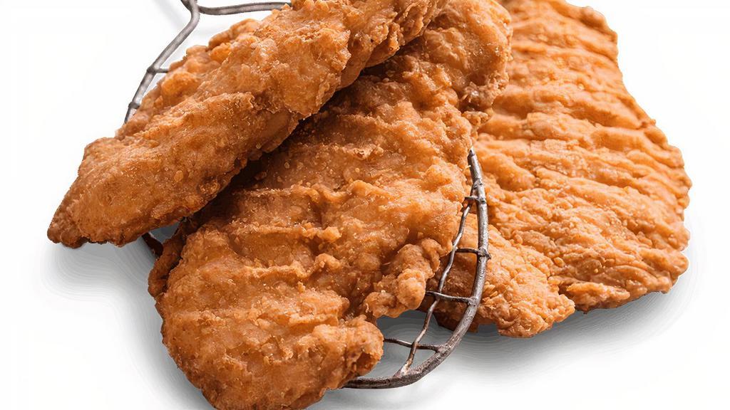 Kids' Hand-Breaded Chicken Strips · Tender strips lightly-breaded with cornmeal and flash-fried. Served with choice of one side, or carrots and celery.