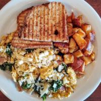 Green Eggs & Ham · Scramble with kale, shallots, and Gruyere cheese. Includes potato hash and multi-grain toast.