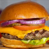 Cheddar Better Burger · Beef patty, lettuce, tomato, onion, mayo, and melted cheddar cheese on a warm classic bun.
