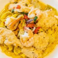 Chicken & Shrimp Pequannock · Sauteed in a light garlic wine and butter sauce with fresh herbs, capers, roasted peppers an...