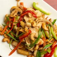 Chicken Cashew Nut · Bell pepper, mushroom, carrot, celery, onion, scallion, and cashew nuts sautéed with a blend...