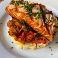 Salmon Caponata · mashed potatoes, white balsamic glaze, sauce (olives, eggplant, squash, tomato)