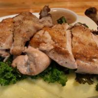 Chicken Mash Kale · Grilled boneless half chicken, mashed potatoes, sautéed kale, mushroom-red wine sauce.